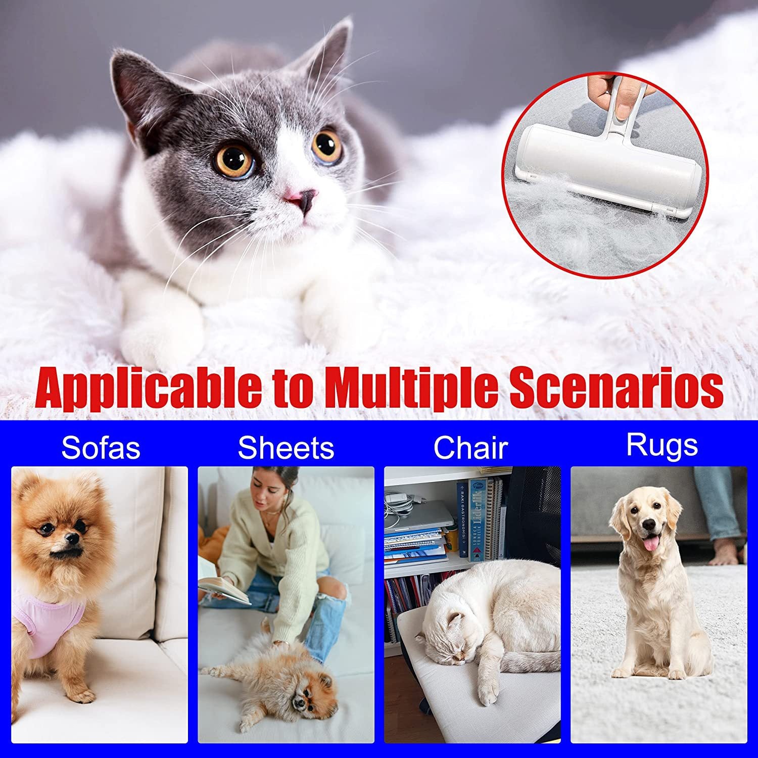 Pet Hair Removing Roller Brush – for Cat Hair on Furniture, Couch, Carpet, Car, Rugs & Bedding